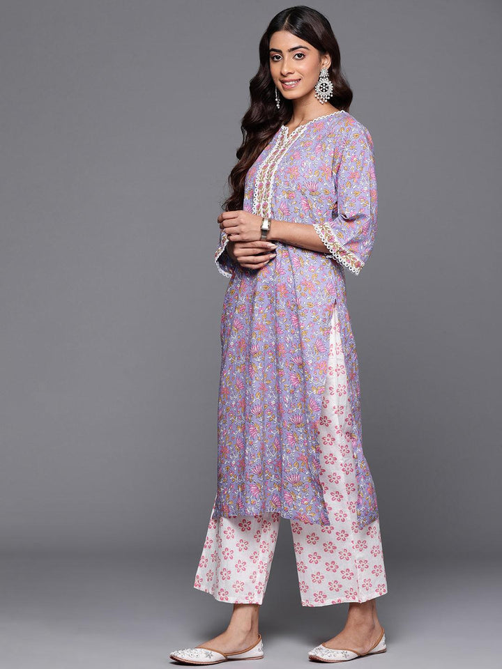 Purple Printed Cotton Straight Kurta With Palazzos & Dupatta - ShopLibas