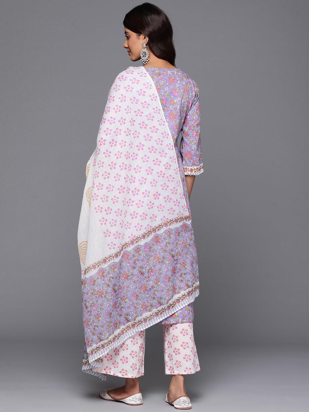Purple Printed Cotton Straight Kurta With Palazzos & Dupatta - ShopLibas