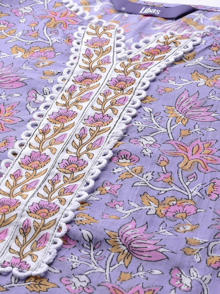 Purple Printed Cotton Straight Kurta With Palazzos & Dupatta - ShopLibas