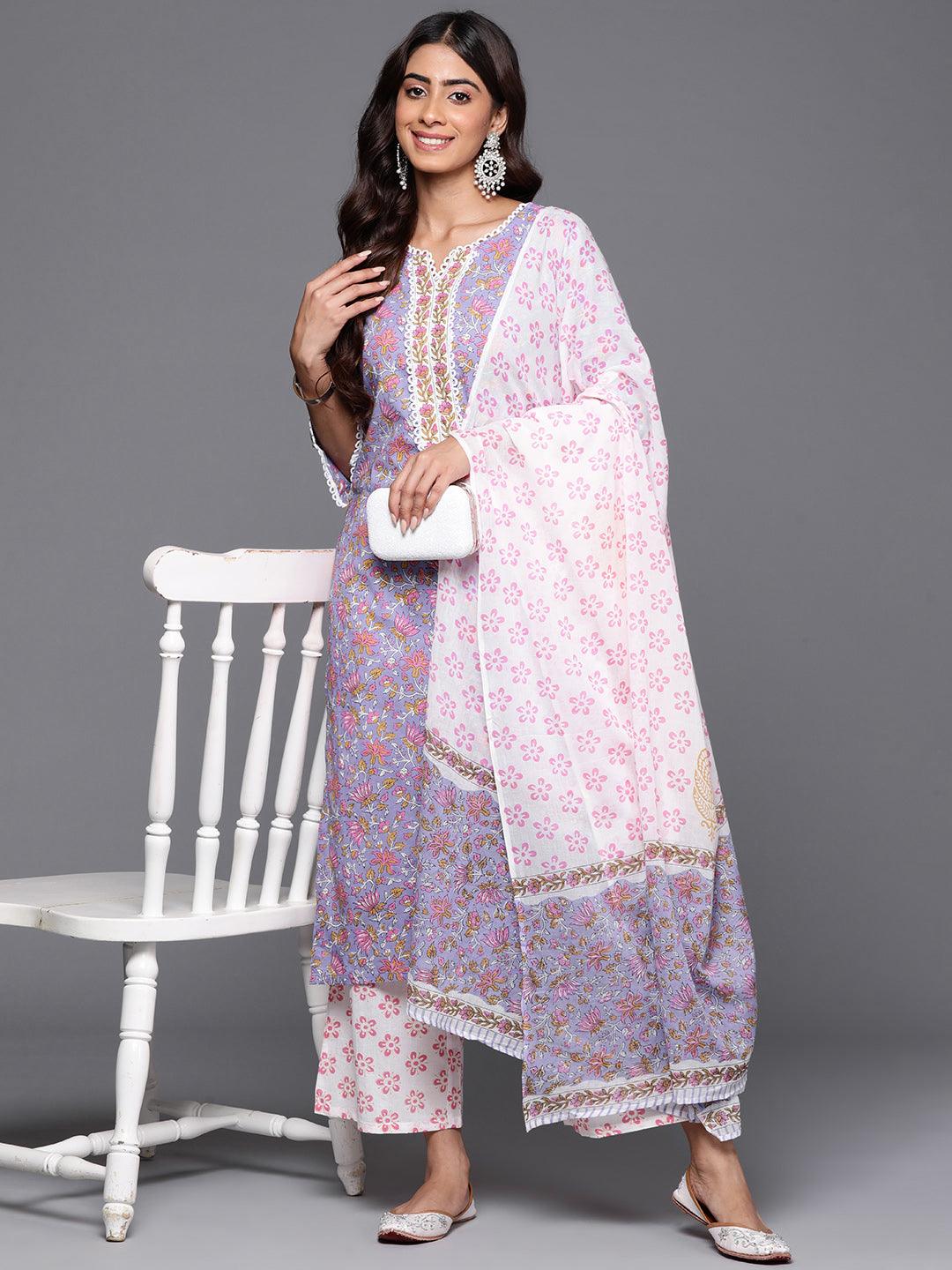 Purple Printed Cotton Straight Kurta With Palazzos & Dupatta - ShopLibas