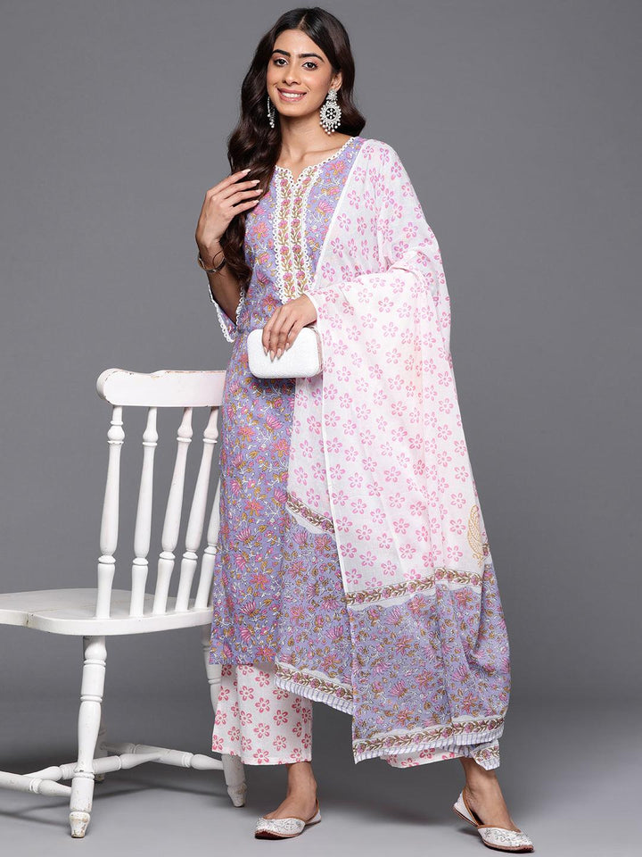 Purple Printed Cotton Straight Kurta With Palazzos & Dupatta - ShopLibas
