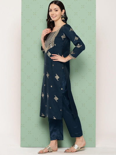 Blue Woven Design Chanderi Silk Straight Kurta With Trousers & Dupatta - ShopLibas