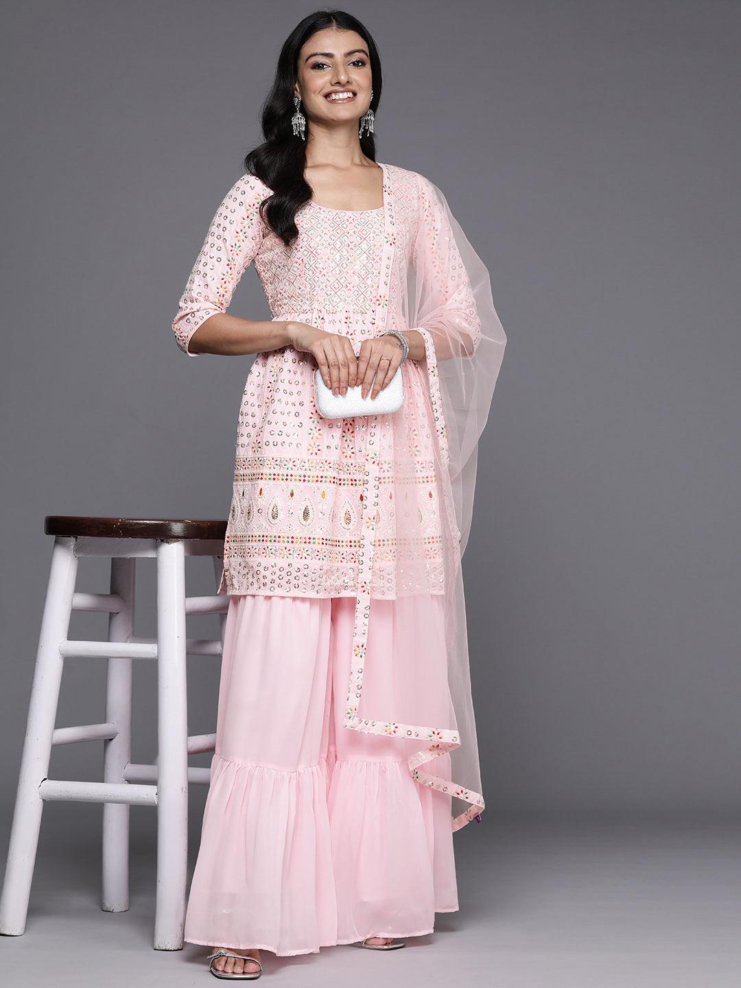 Pink Embroidered Georgette A-Line Kurti With Sharara & Dupatta - ShopLibas