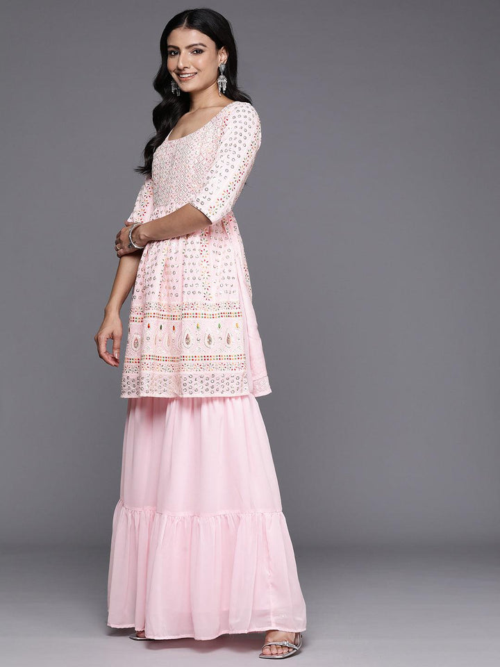 Pink Embroidered Georgette A-Line Kurti With Sharara & Dupatta - ShopLibas