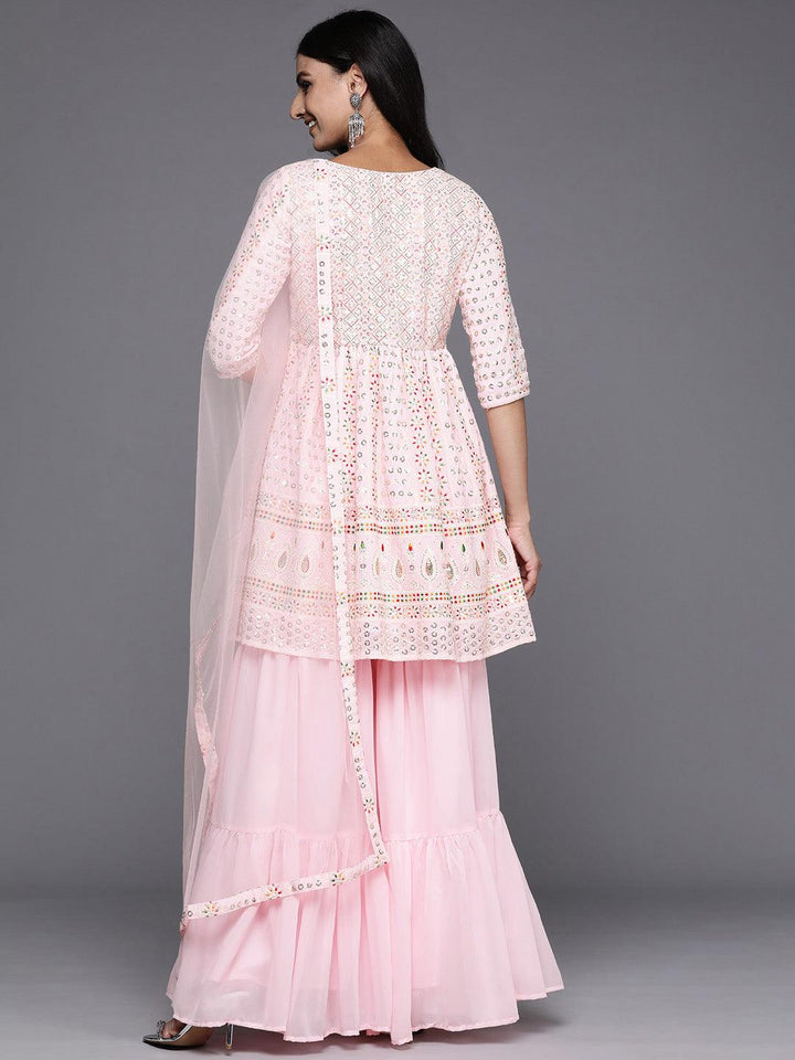 Pink Embroidered Georgette A-Line Kurti With Sharara & Dupatta - ShopLibas
