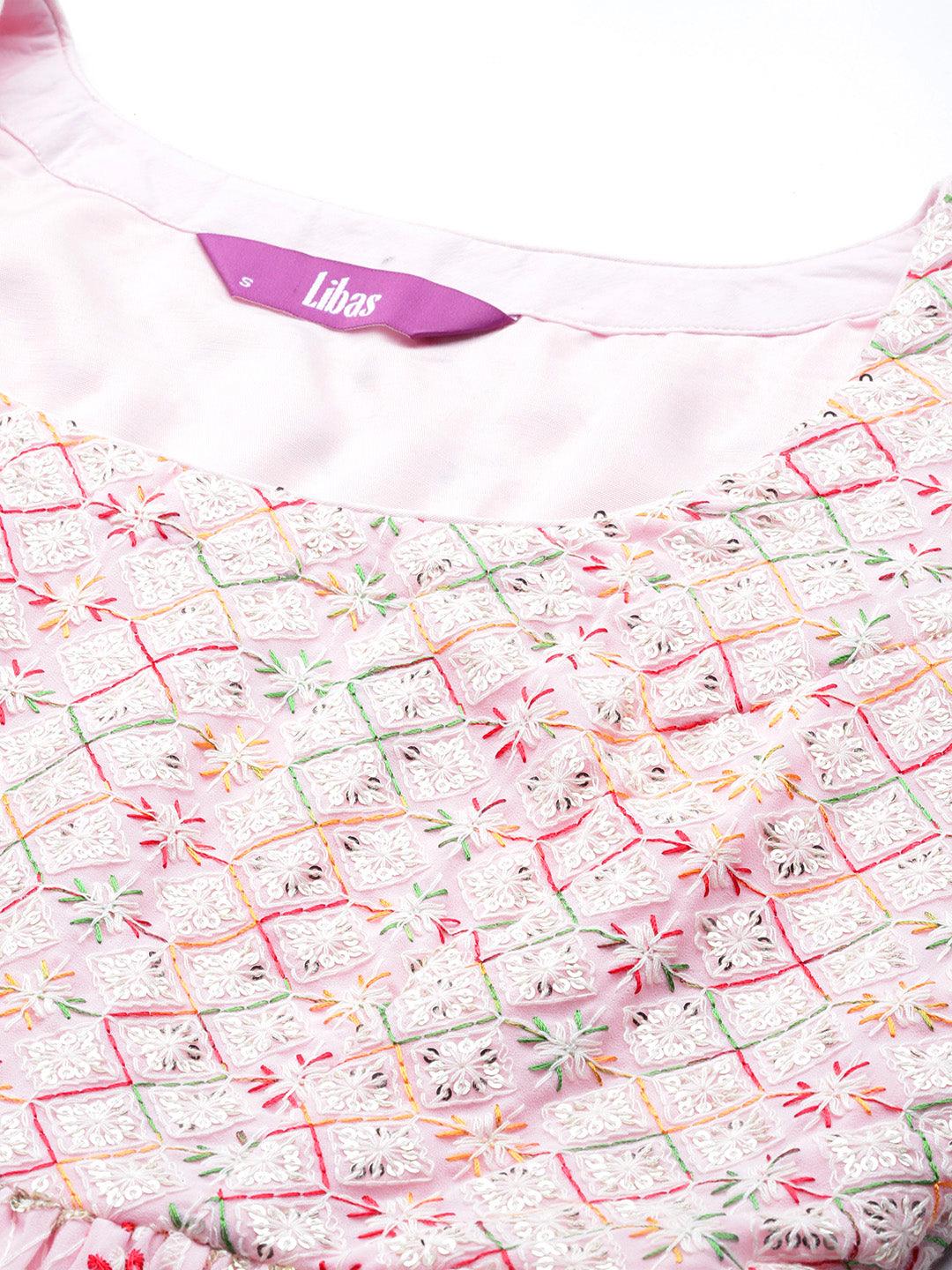 Pink Embroidered Georgette A-Line Kurti With Sharara & Dupatta - ShopLibas