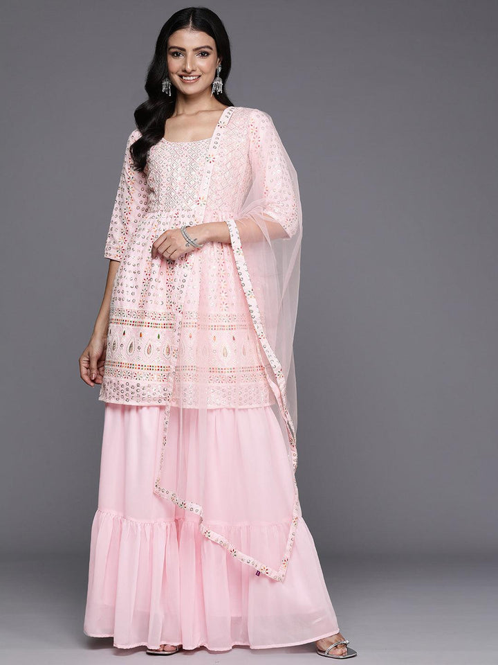 Pink Embroidered Georgette A-Line Kurti With Sharara & Dupatta - ShopLibas