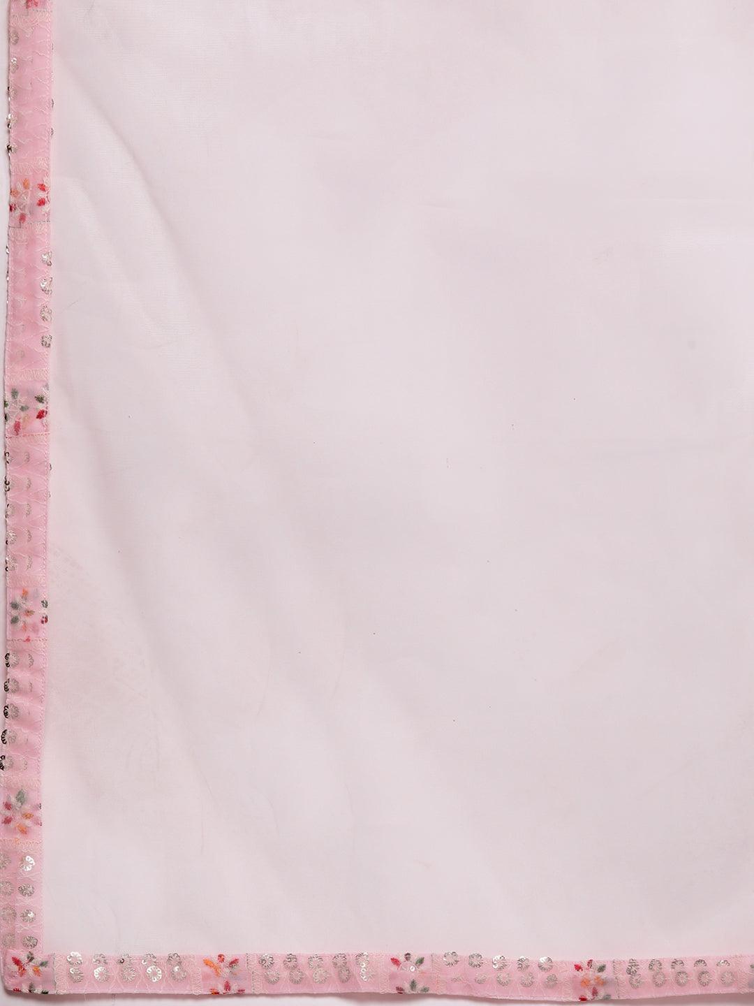 Pink Embroidered Georgette A-Line Kurti With Sharara & Dupatta - ShopLibas