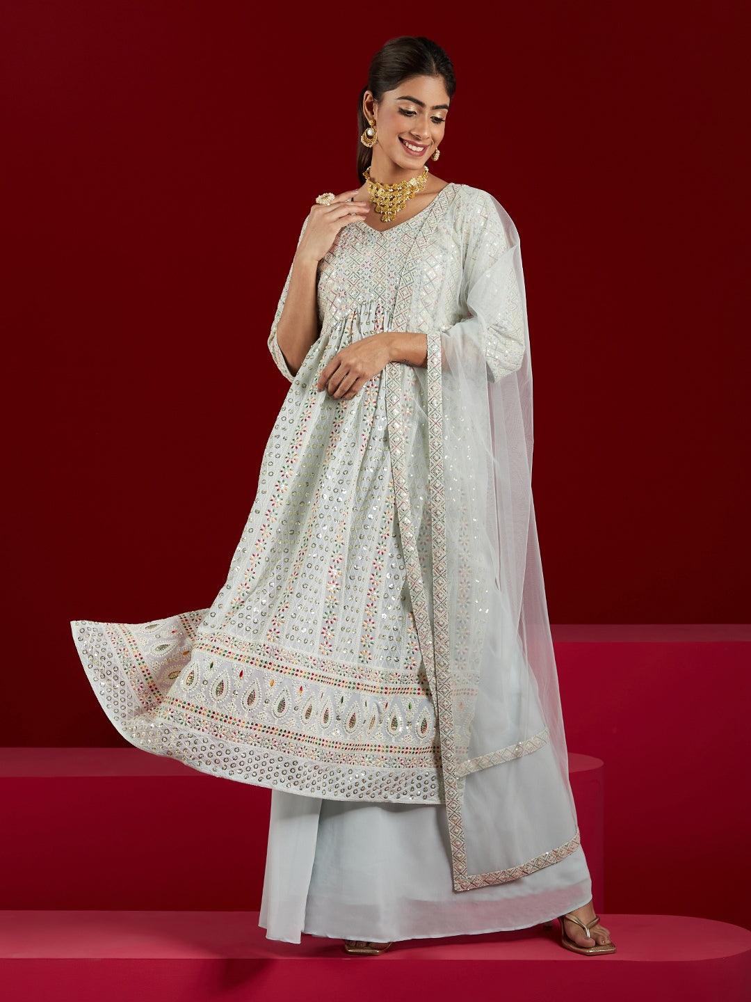 Libas Art Blue Embroidered Georgette A-Line Kurta With Palazzos & Dupatta - ShopLibas