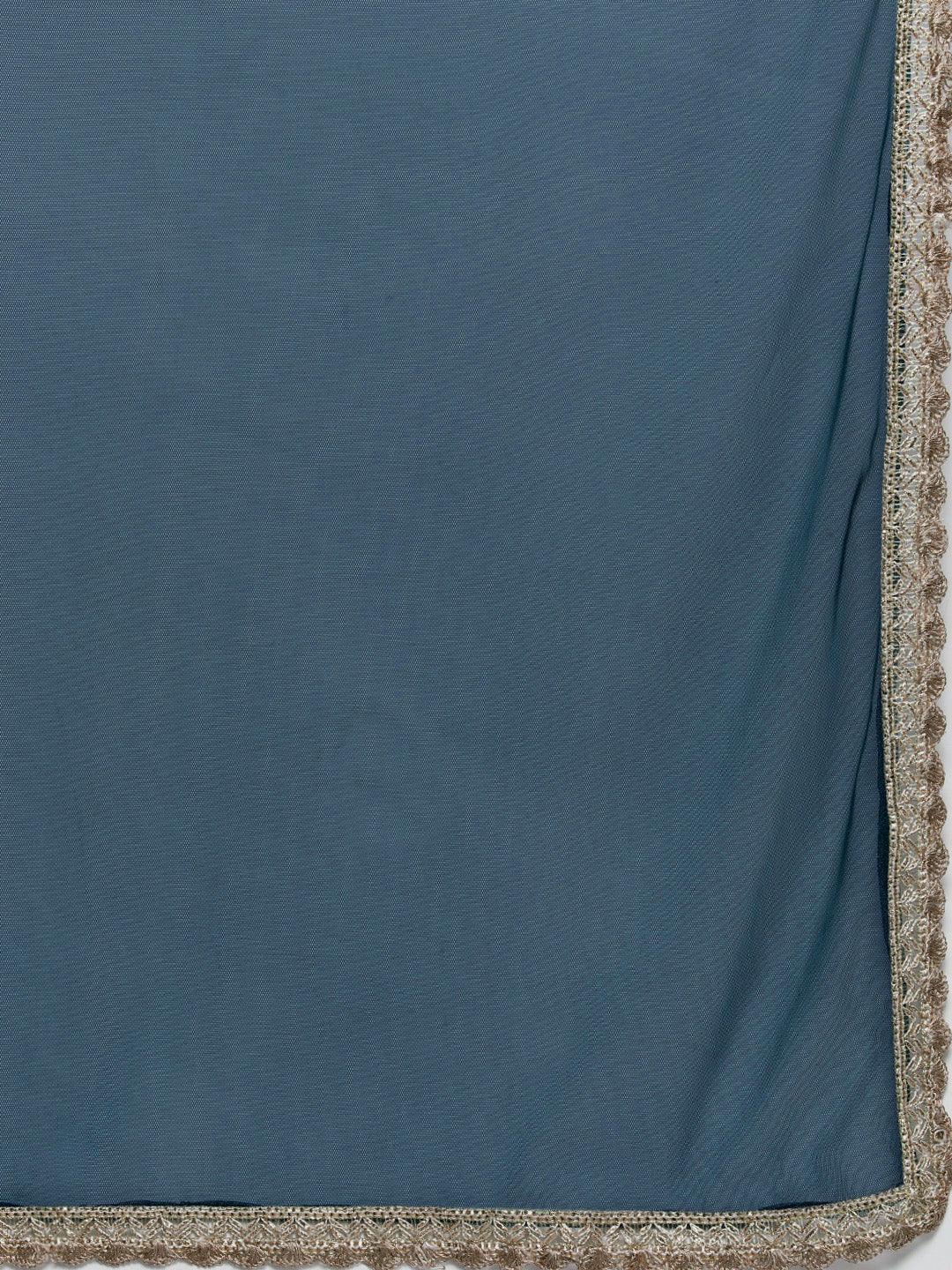 Blue Embroidered Georgette A-Line Kurta With Sharara & Dupatta - ShopLibas