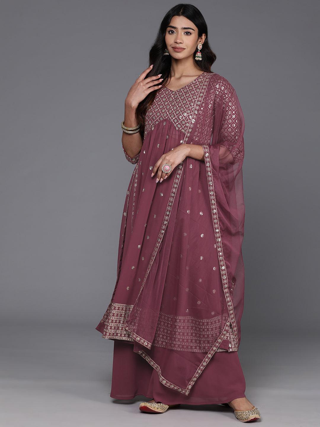 Mauve Embroidered Georgette A-Line Kurta With Palazzos & Dupatta - ShopLibas 