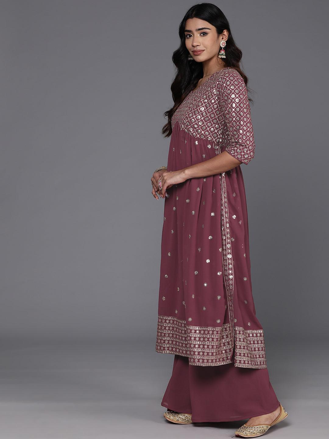 Mauve Embroidered Georgette A-Line Kurta With Palazzos & Dupatta - ShopLibas 