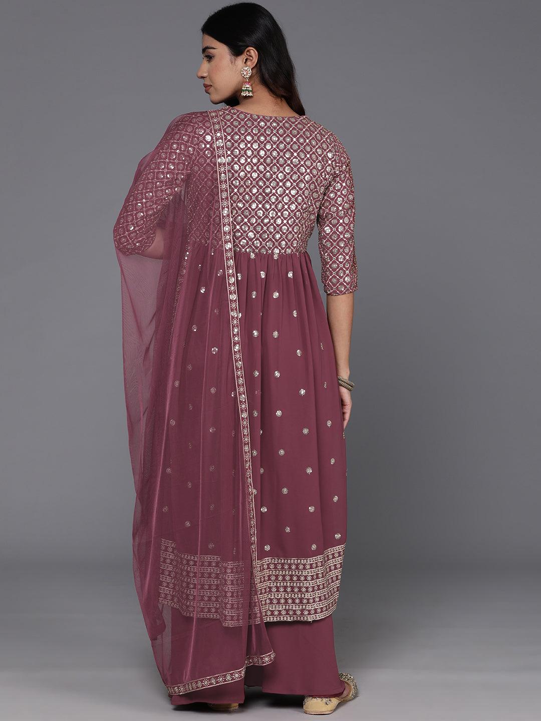 Mauve Embroidered Georgette A-Line Kurta With Palazzos & Dupatta - ShopLibas 