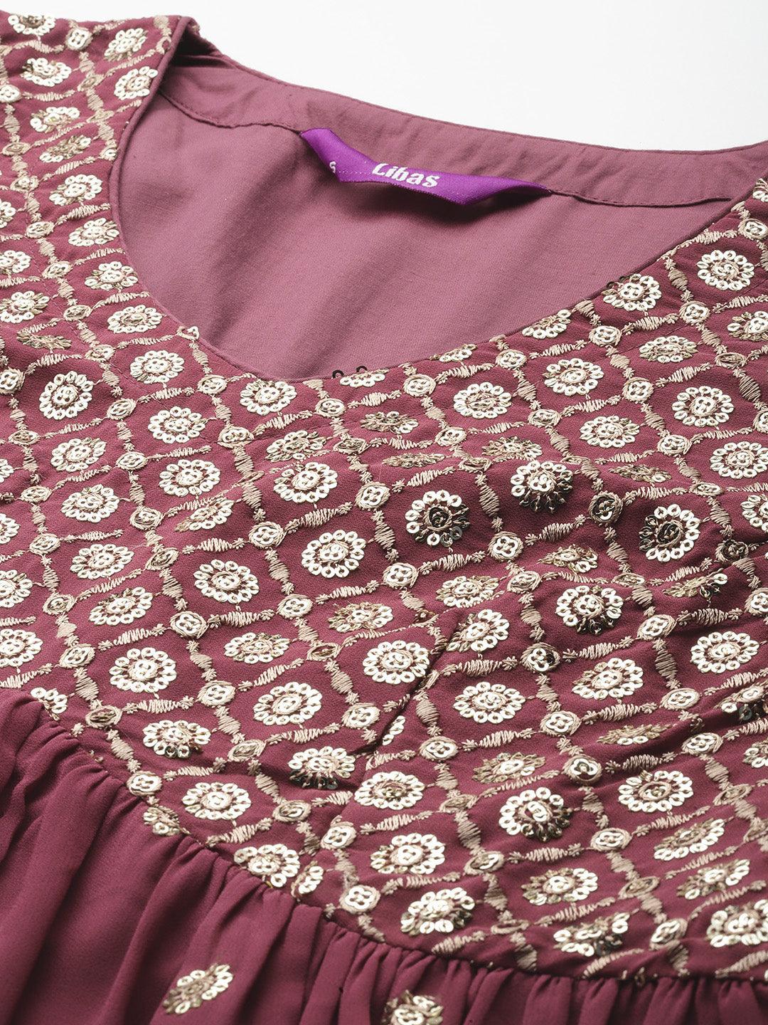 Mauve Embroidered Georgette A-Line Kurta With Palazzos & Dupatta - ShopLibas 