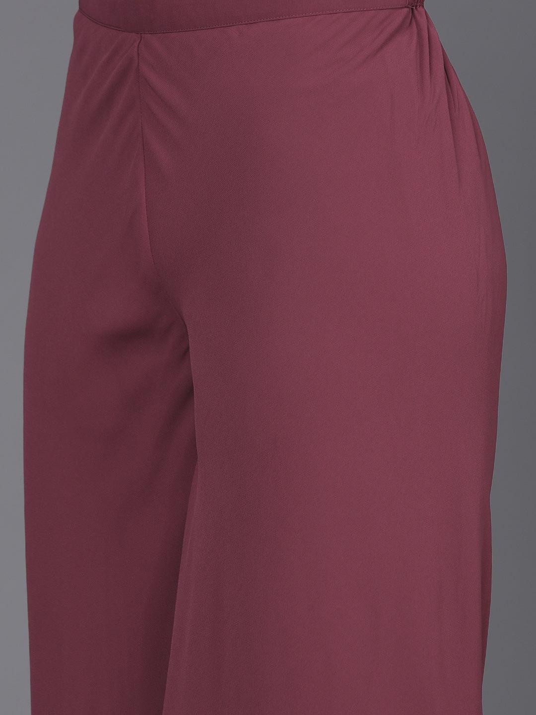 Mauve Embroidered Georgette A-Line Kurta With Palazzos & Dupatta - ShopLibas 