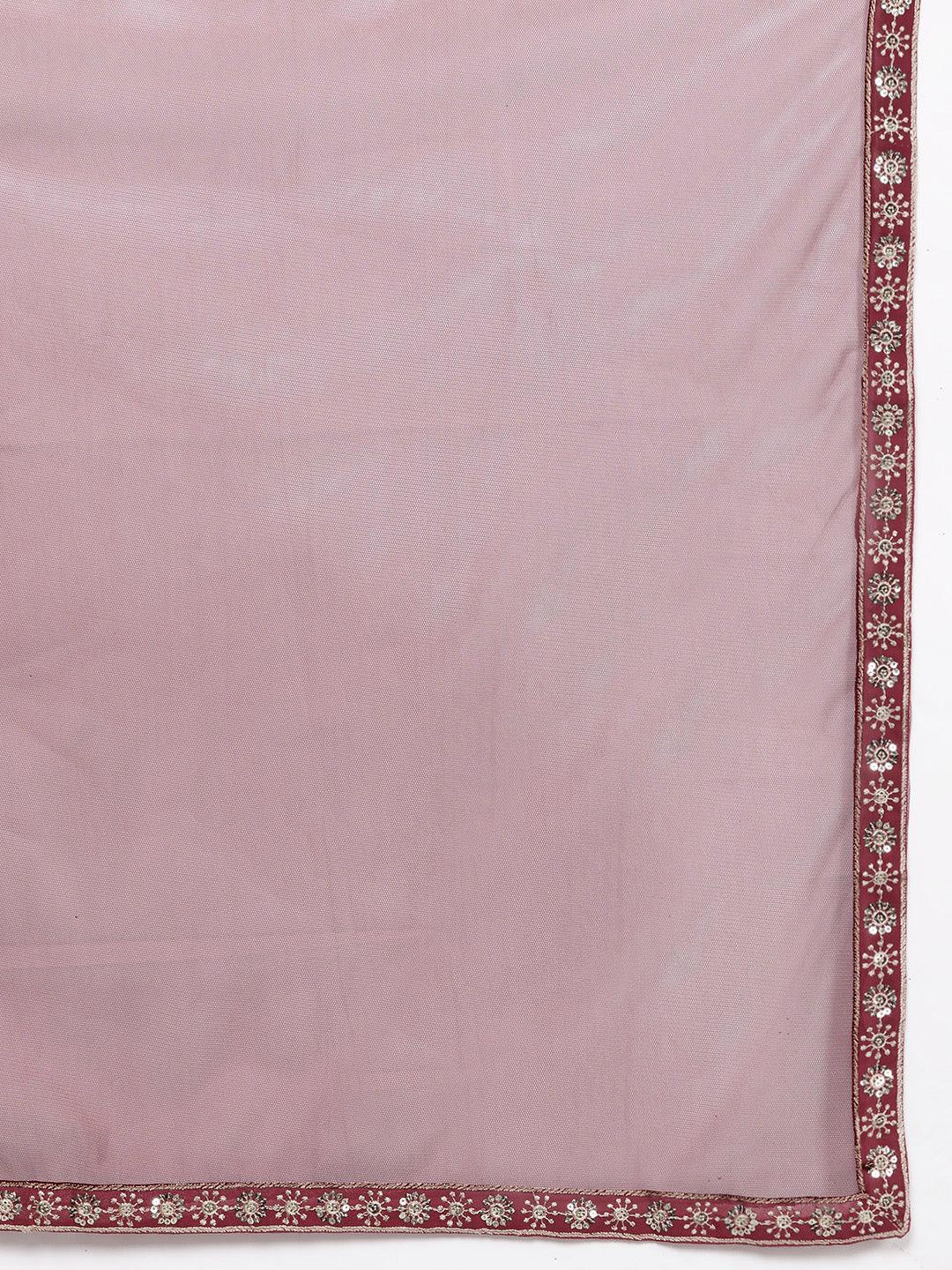 Mauve Embroidered Georgette A-Line Kurta With Palazzos & Dupatta - ShopLibas 