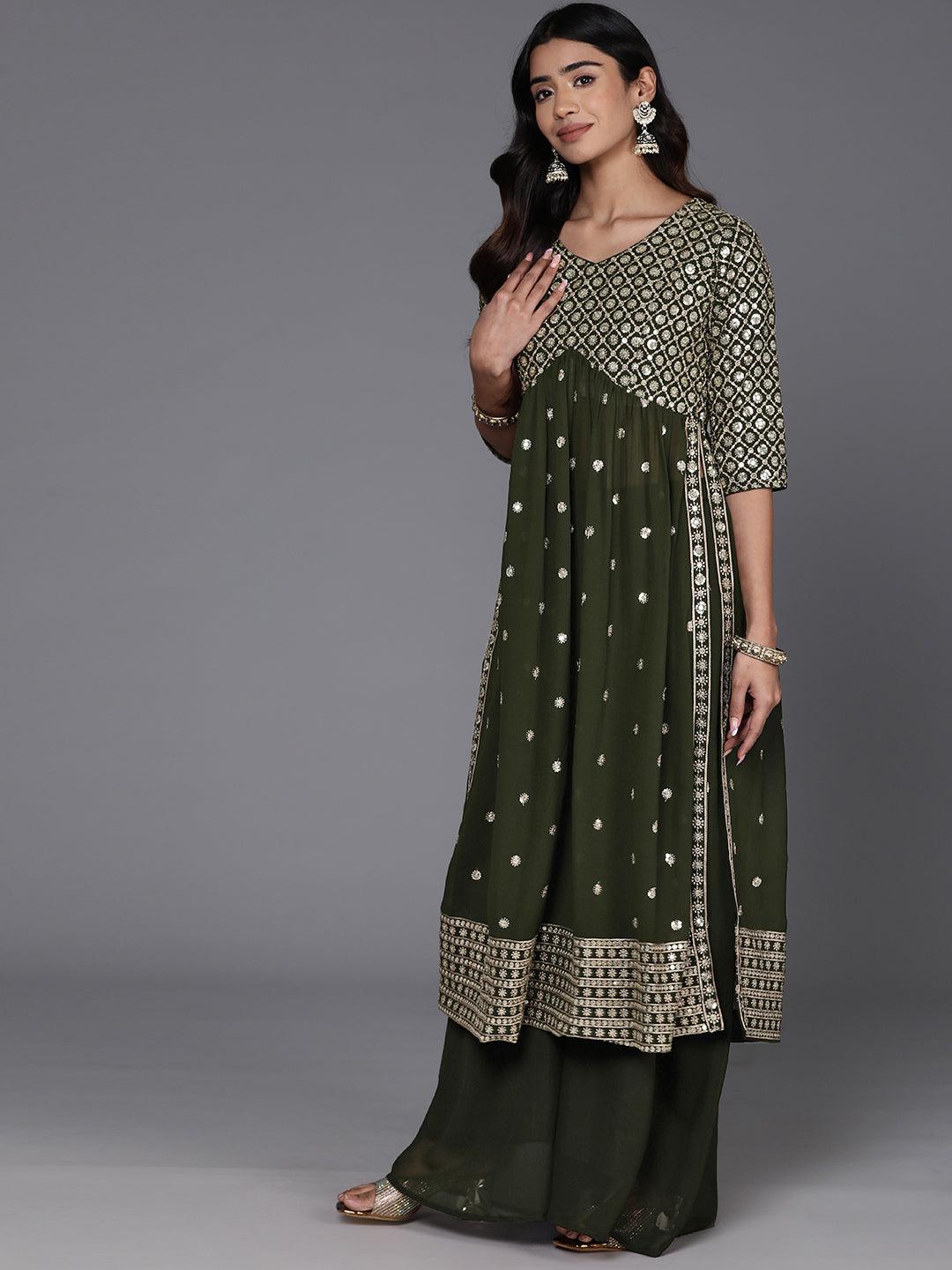 Green Embroidered Georgette A-Line Kurta With Palazzos & Dupatta - ShopLibas 