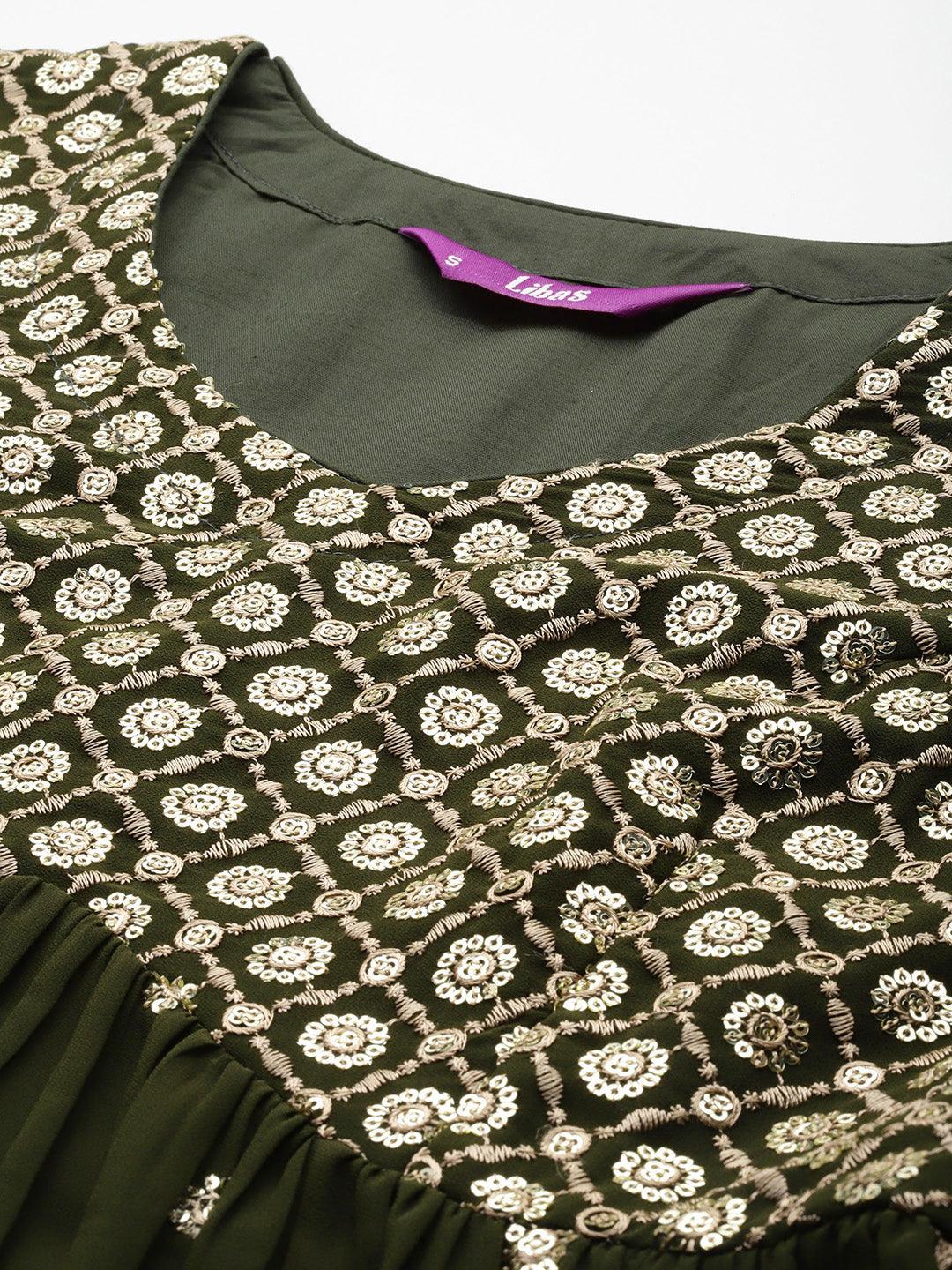 Green Embroidered Georgette A-Line Kurta With Palazzos & Dupatta - ShopLibas 