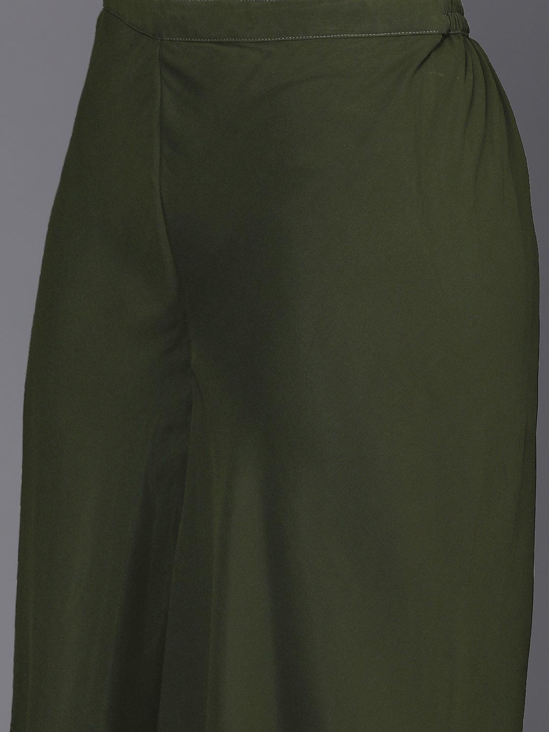 Green Embroidered Georgette A-Line Kurta With Palazzos & Dupatta - ShopLibas 