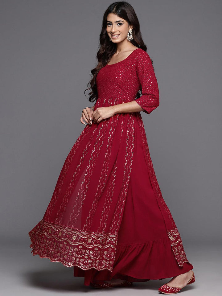 Maroon Embroidered Georgette A-Line Kurta With Palazzos & Dupatta - ShopLibas