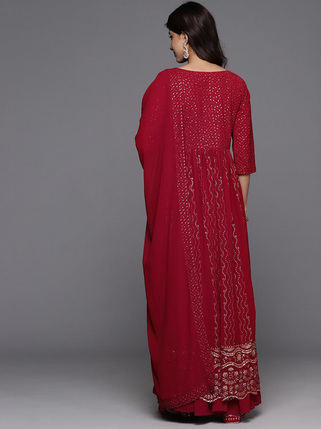 Maroon Embroidered Georgette A-Line Kurta With Palazzos & Dupatta - ShopLibas