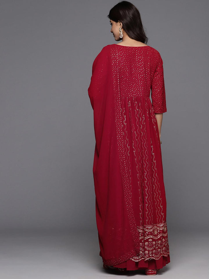 Maroon Embroidered Georgette A-Line Kurta With Palazzos & Dupatta - ShopLibas