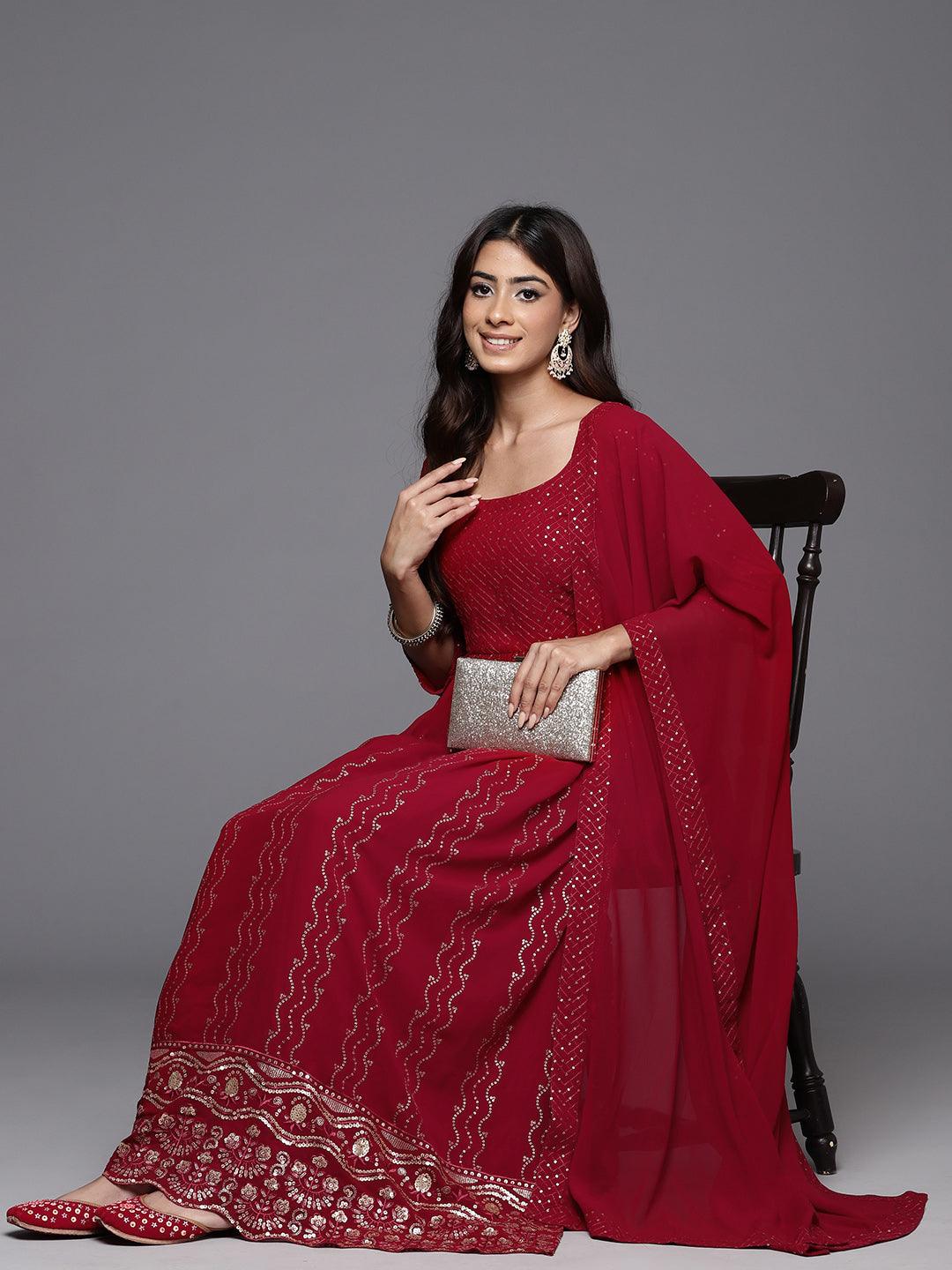 Maroon Embroidered Georgette A-Line Kurta With Palazzos & Dupatta - ShopLibas