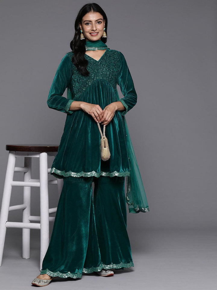 Blue Embroidered Velvet A-Line Kurti With Sharara & Dupatta - ShopLibas