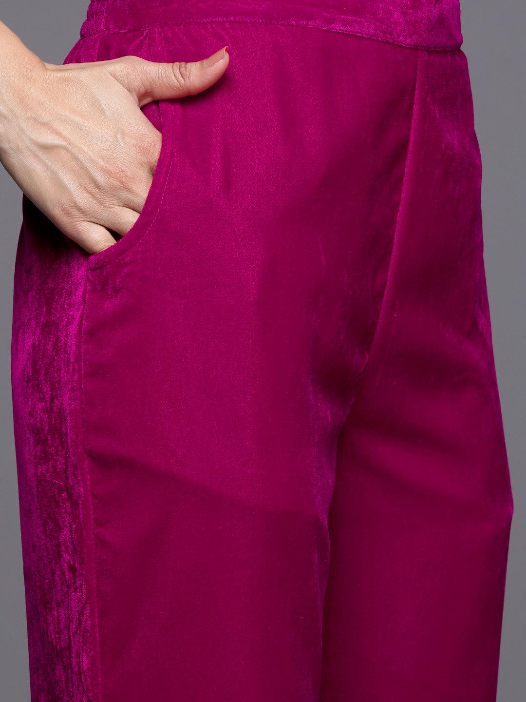 Pink Embroidered Velvet Anarkali Kurta With Trousers & Dupatta - ShopLibas