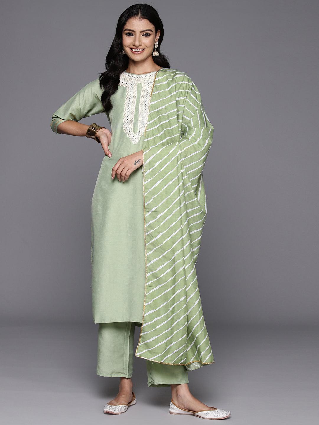 Green Yoke Design Silk Blend Straight Kurta With Trousers & Dupatta - ShopLibas