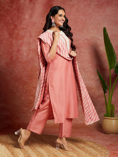 Peach Yoke Design Silk Blend Straight Kurta With Trousers & Dupatta - ShopLibas