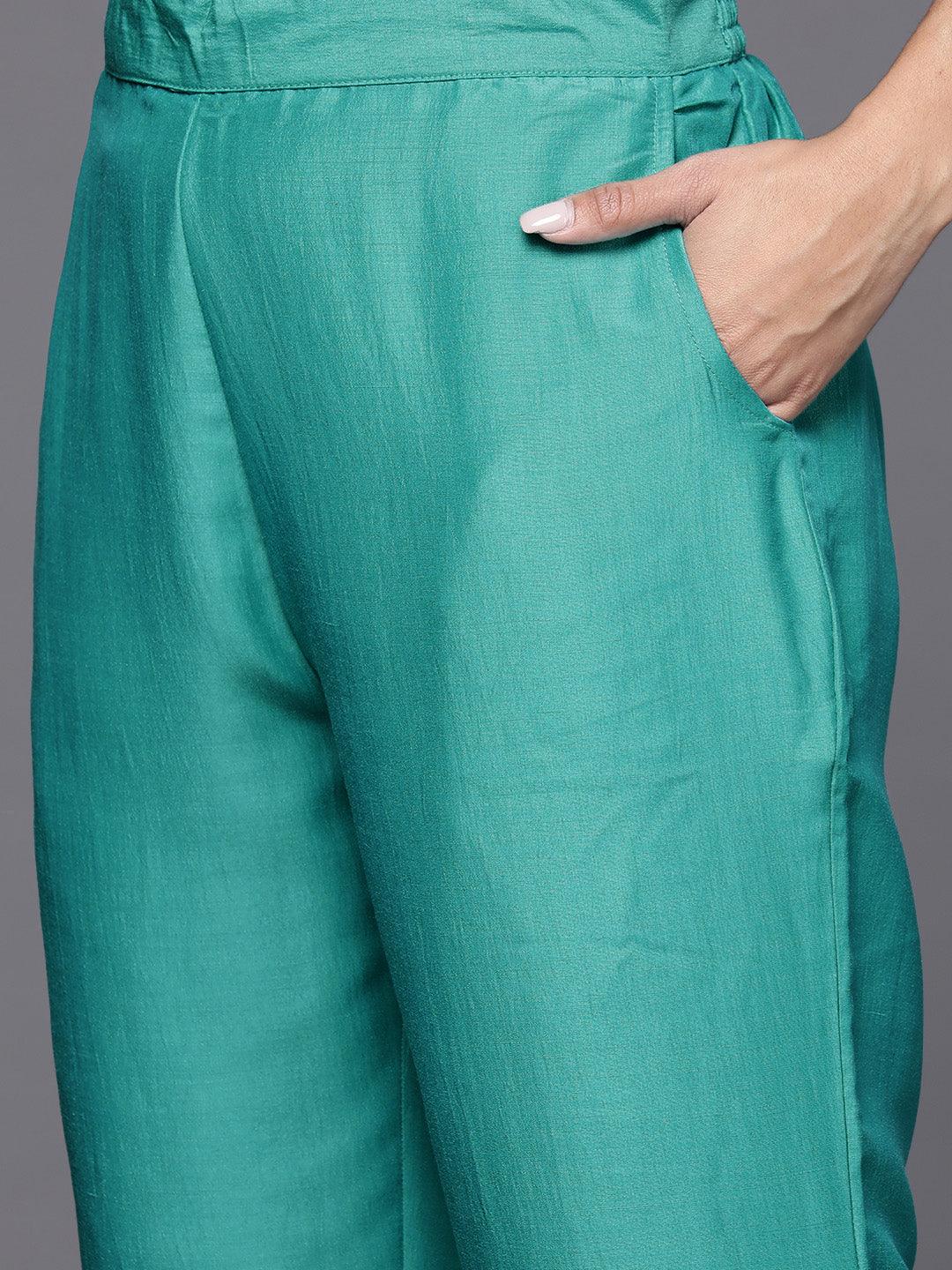 Rama Green Yoke Design Silk Blend Straight Kurta With Trousers & Dupatta - ShopLibas 