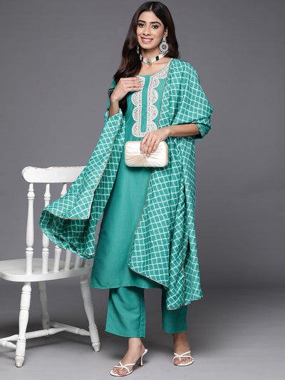 Rama Green Yoke Design Silk Blend Straight Kurta With Trousers & Dupatta - ShopLibas