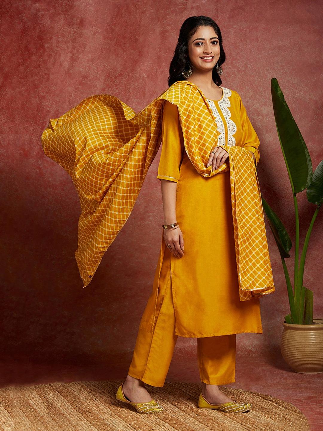 Mustard Solid Silk Blend Straight Kurta With Trousers & Dupatta - ShopLibas