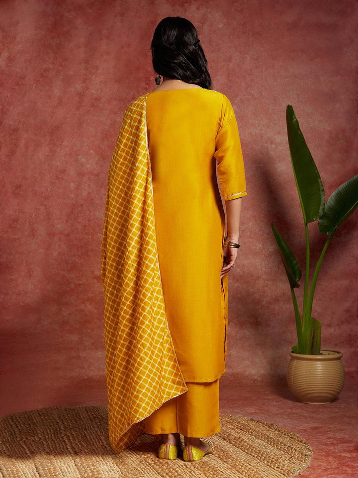 Mustard Solid Silk Blend Straight Kurta With Trousers & Dupatta - ShopLibas