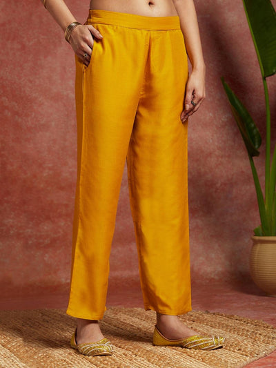 Mustard Solid Silk Blend Straight Kurta With Trousers & Dupatta - ShopLibas