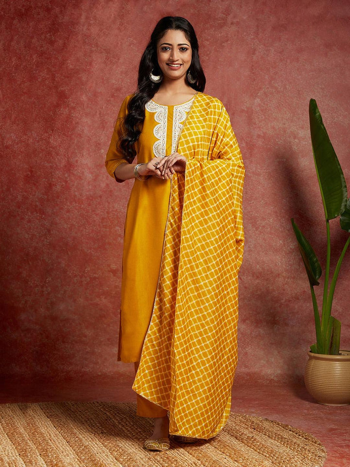 Mustard Solid Silk Blend Straight Kurta With Trousers & Dupatta - ShopLibas