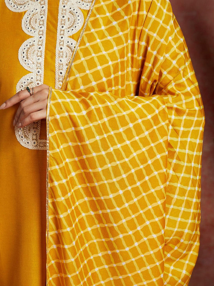 Mustard Solid Silk Blend Straight Kurta With Trousers & Dupatta - ShopLibas