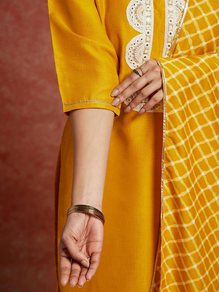 Mustard Solid Silk Blend Straight Kurta With Trousers & Dupatta - ShopLibas