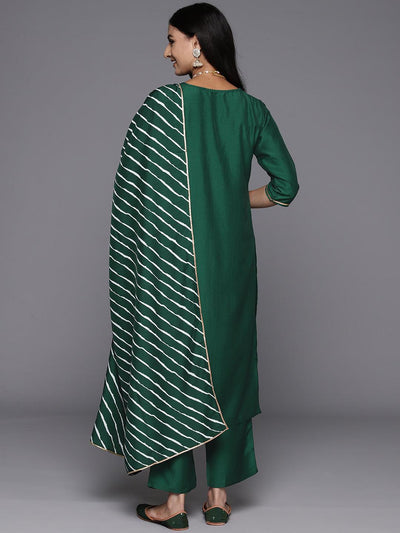 Green Yoke Design Silk Blend Straight Kurta With Trousers & Dupatta - ShopLibas