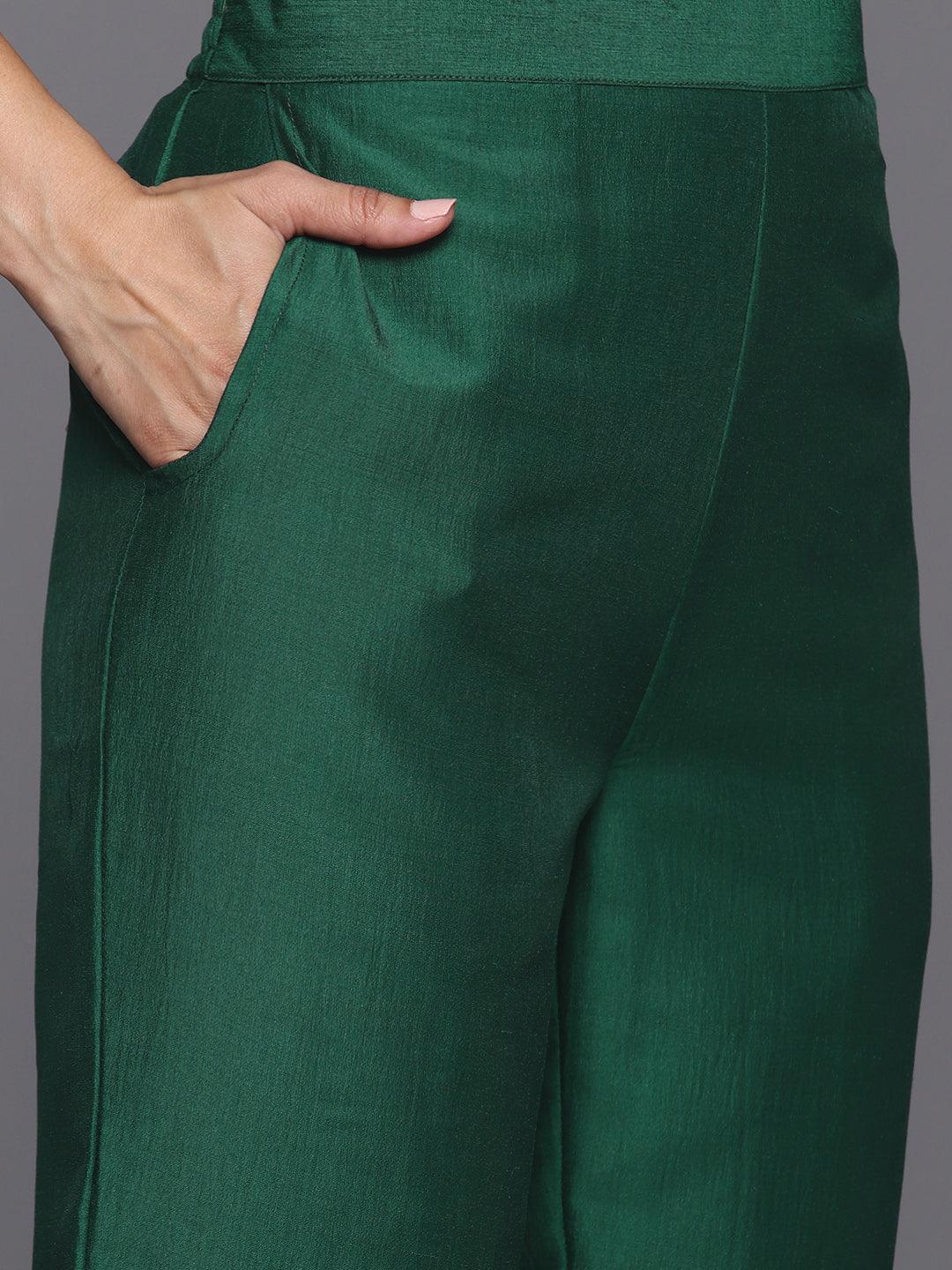 Green Yoke Design Silk Blend Straight Kurta With Trousers & Dupatta - ShopLibas