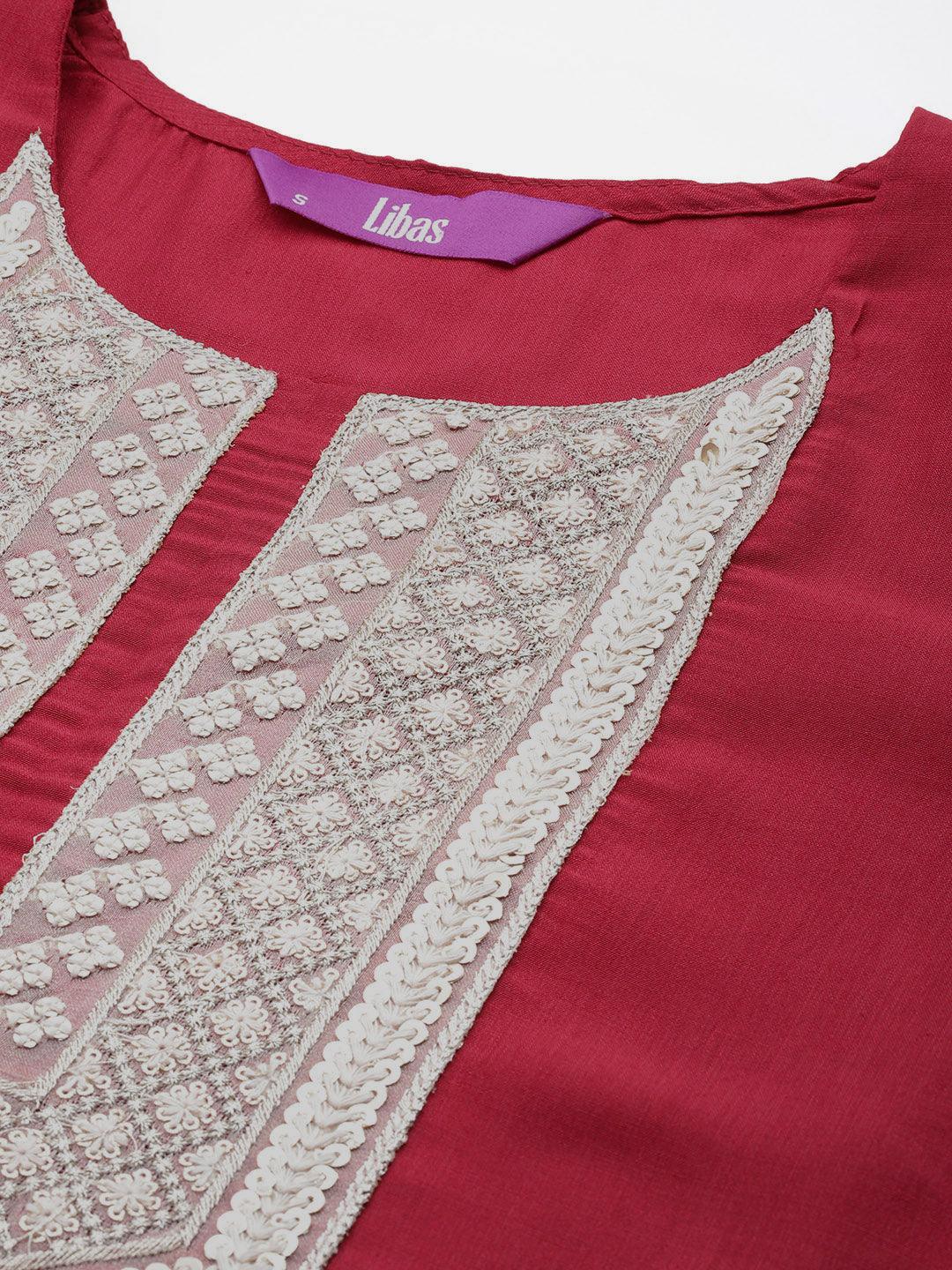 Red Yoke Design Silk Blend Straight Kurta With Trousers & Dupatta - ShopLibas 