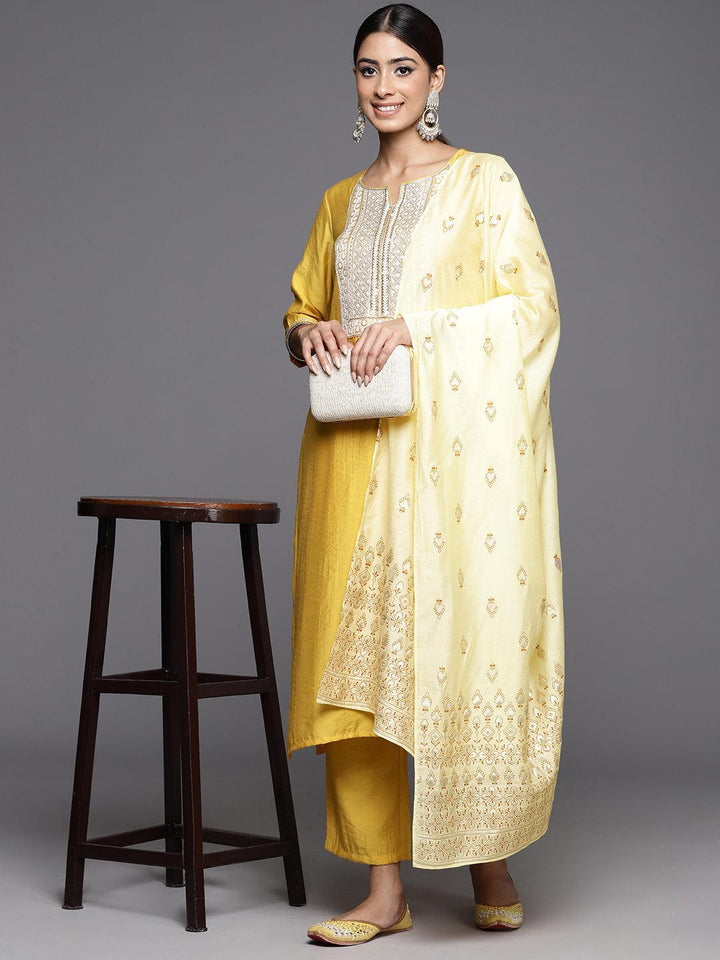 Mustard Yoke Design Silk Blend Straight Kurta With Trousers & Dupatta - ShopLibas