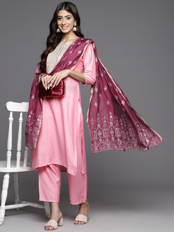 Pink Yoke Design Silk Blend Straight Kurta With Trousers & Dupatta - ShopLibas