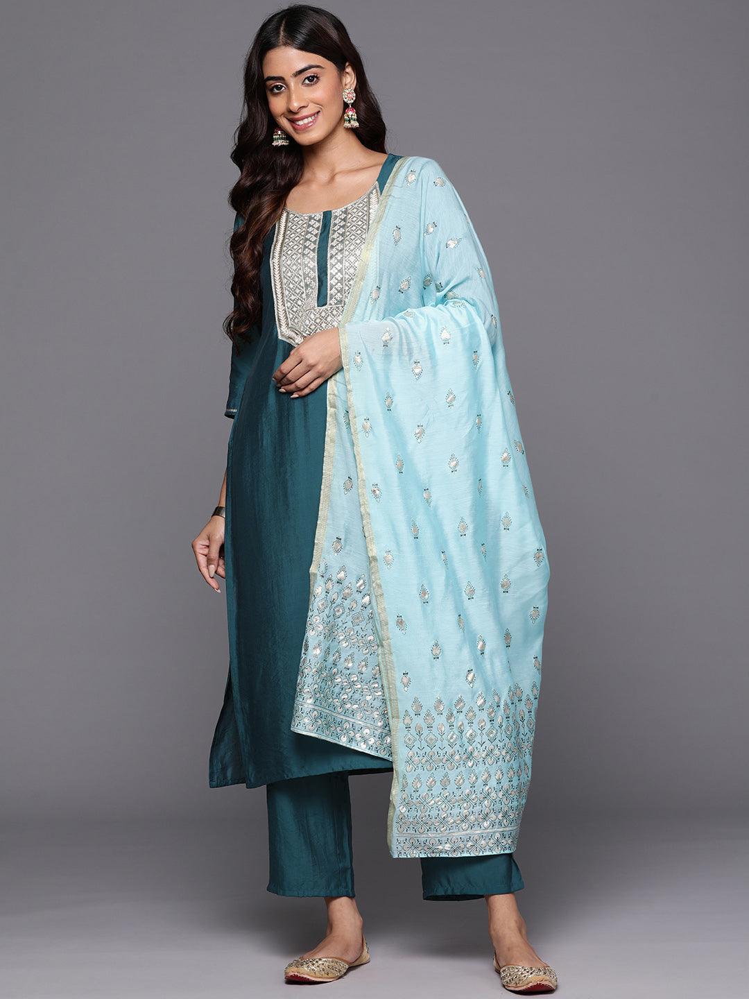 Blue Yoke Design Silk Blend Straight Kurta With Trousers & Dupatta - ShopLibas
