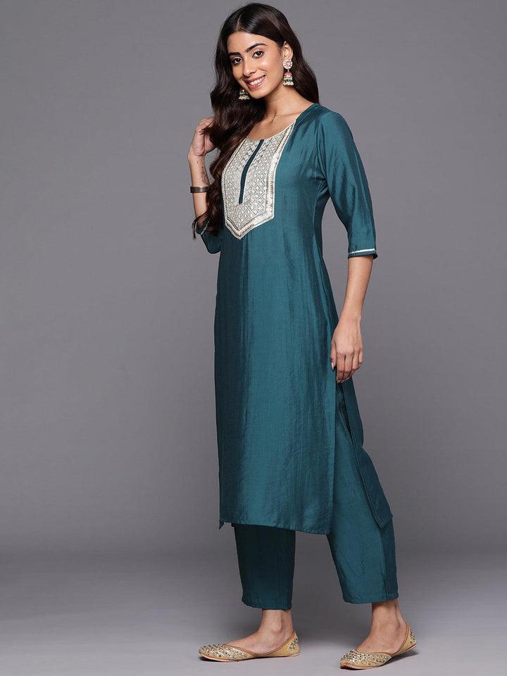 Blue Yoke Design Silk Blend Straight Kurta With Trousers & Dupatta - ShopLibas