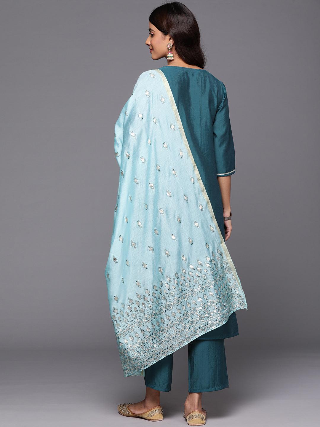 Blue Yoke Design Silk Blend Straight Kurta With Trousers & Dupatta - ShopLibas