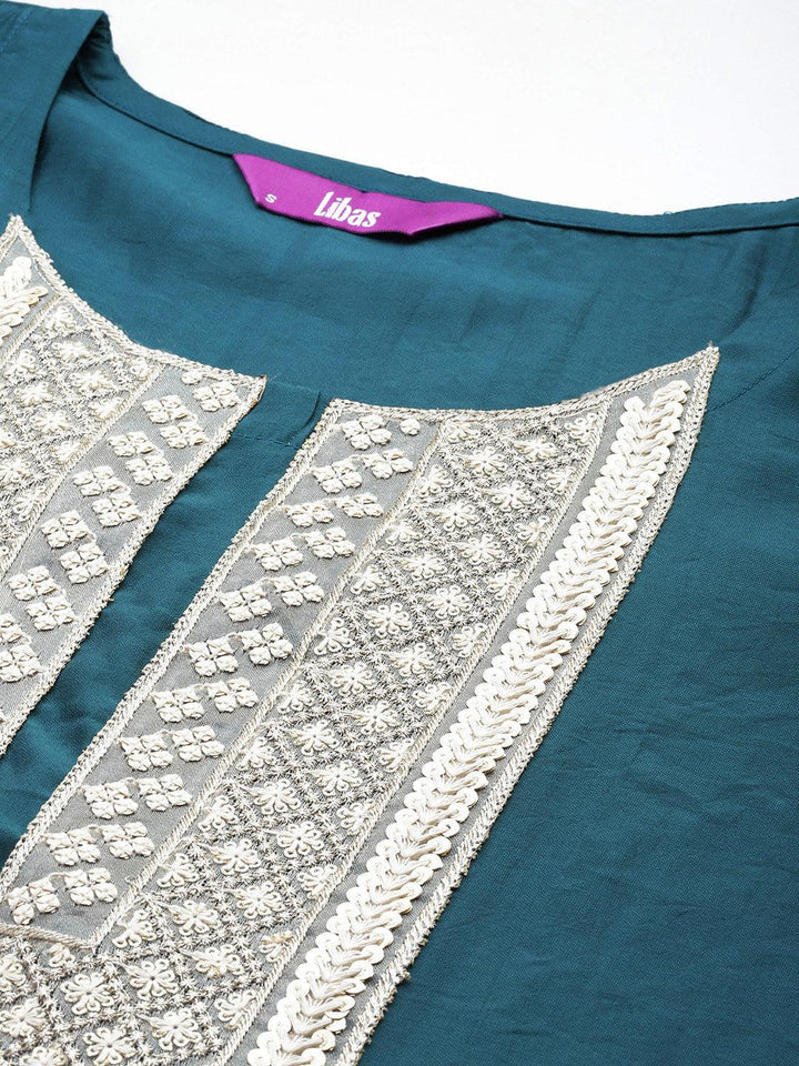 Blue Yoke Design Silk Blend Straight Kurta With Trousers & Dupatta - ShopLibas