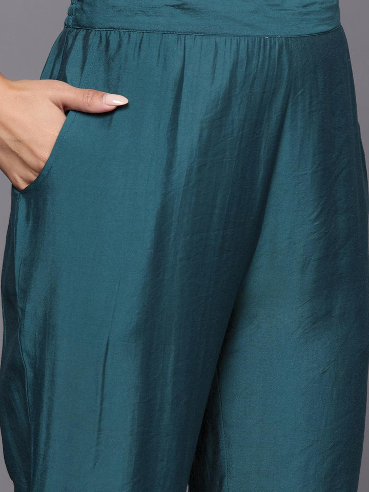 Blue Yoke Design Silk Blend Straight Kurta With Trousers & Dupatta - ShopLibas