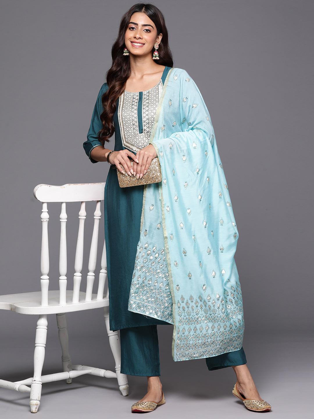 Blue Yoke Design Silk Blend Straight Kurta With Trousers & Dupatta - ShopLibas